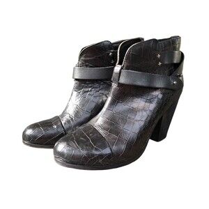 Rag & Bone Harrow Leather Crocodile Embossed Ankle Boots Black Women Size 39.5